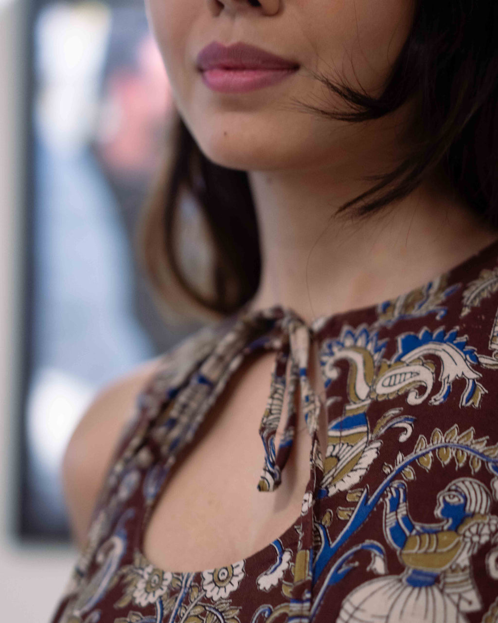 Earthy Brown Kalamkari Cotton Keyhole Top - Chocolate Kalamkari Tunic