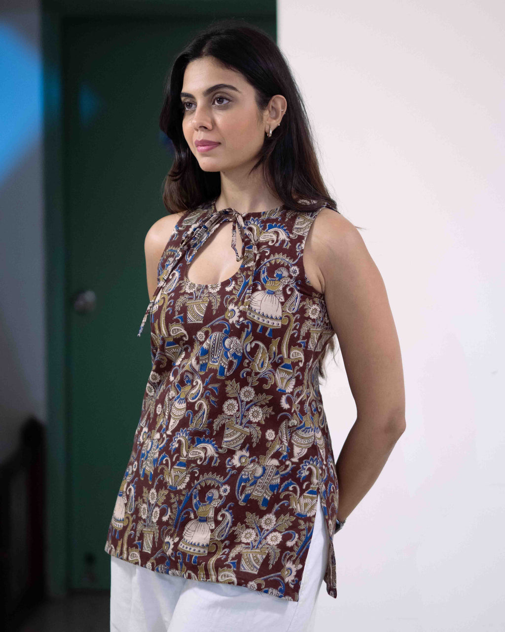 Earthy Brown Kalamkari Cotton Keyhole Top - Chocolate Kalamkari Tunic