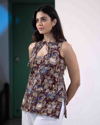 Earthy Brown Kalamkari Cotton Keyhole Top - Chocolate Kalamkari Tunic