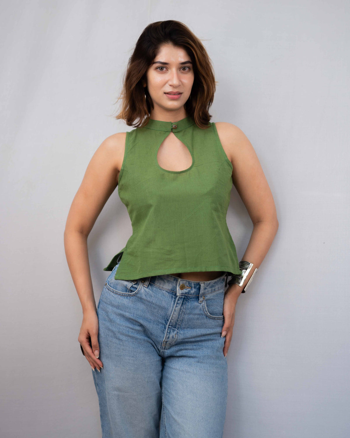 Olive Green Cotton High-Neck Keyhole Crop Top - Sleeveless Ethnic Tunic