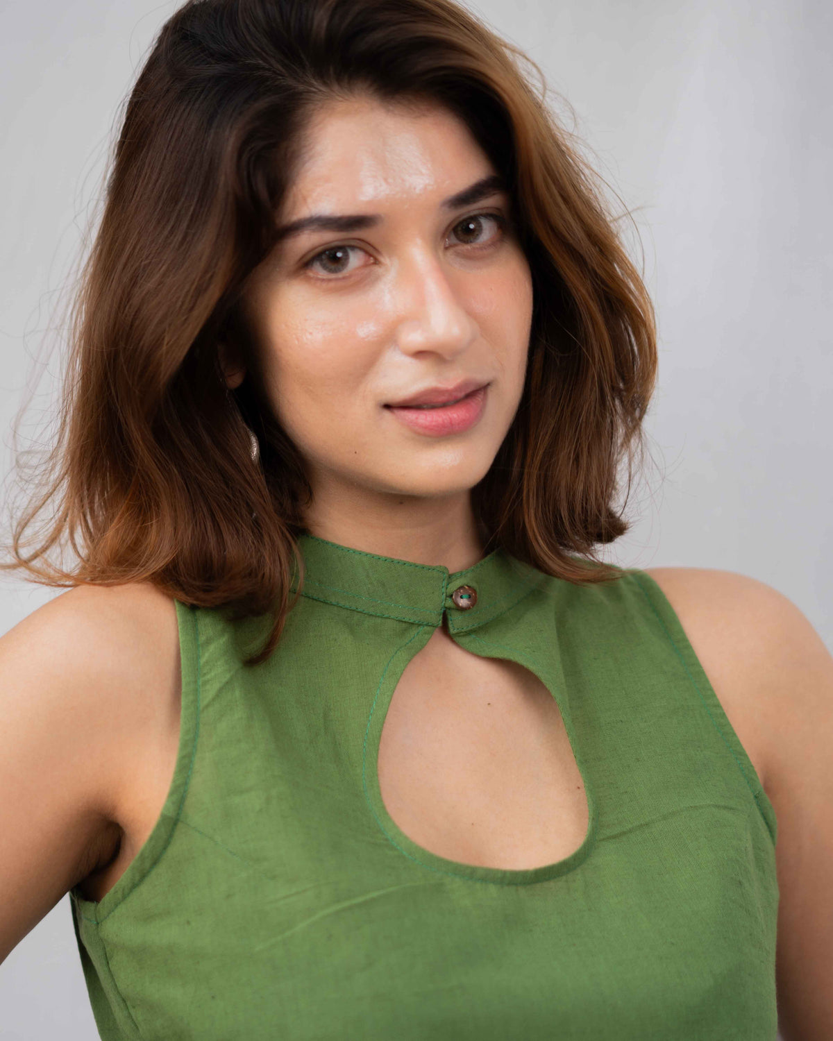 Olive Green Cotton High-Neck Keyhole Crop Top - Sleeveless Ethnic Tunic