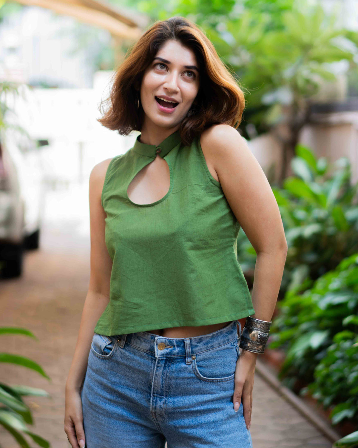 Olive Green Cotton High-Neck Keyhole Crop Top - Sleeveless Ethnic Tunic