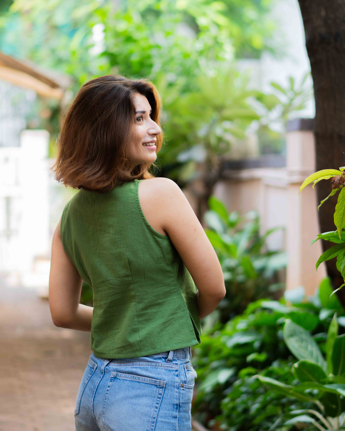 Olive Green Cotton High-Neck Keyhole Crop Top - Sleeveless Ethnic Tunic