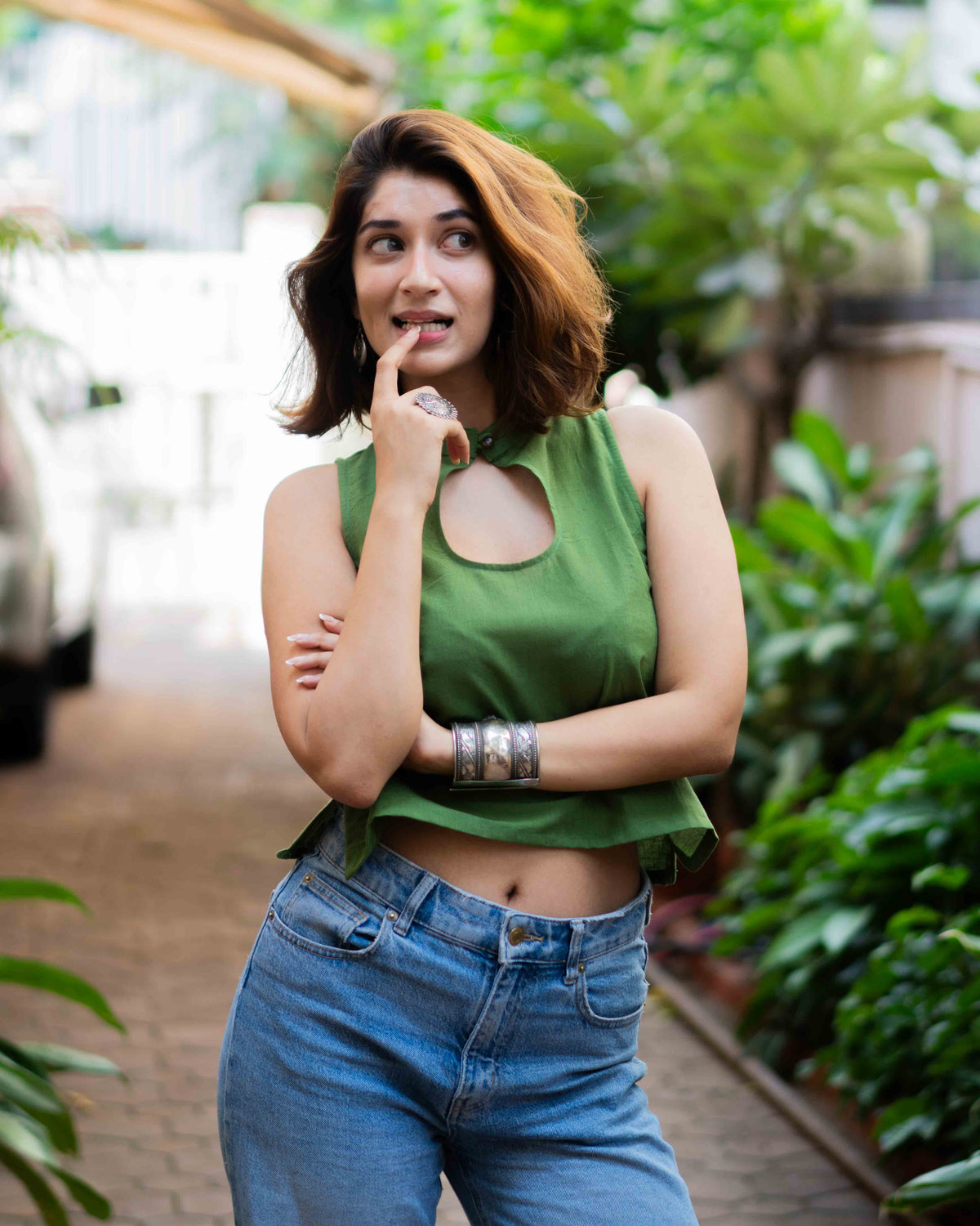 Olive Green Cotton High-Neck Keyhole Crop Top - Sleeveless Ethnic Tunic