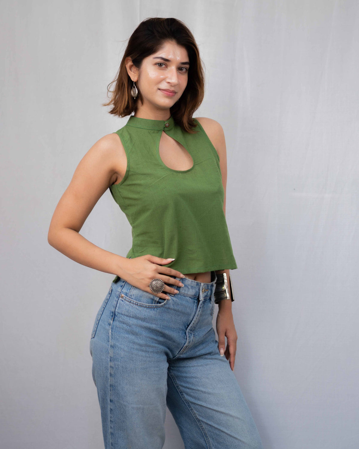 Olive Green Cotton High-Neck Keyhole Crop Top - Sleeveless Ethnic Tunic