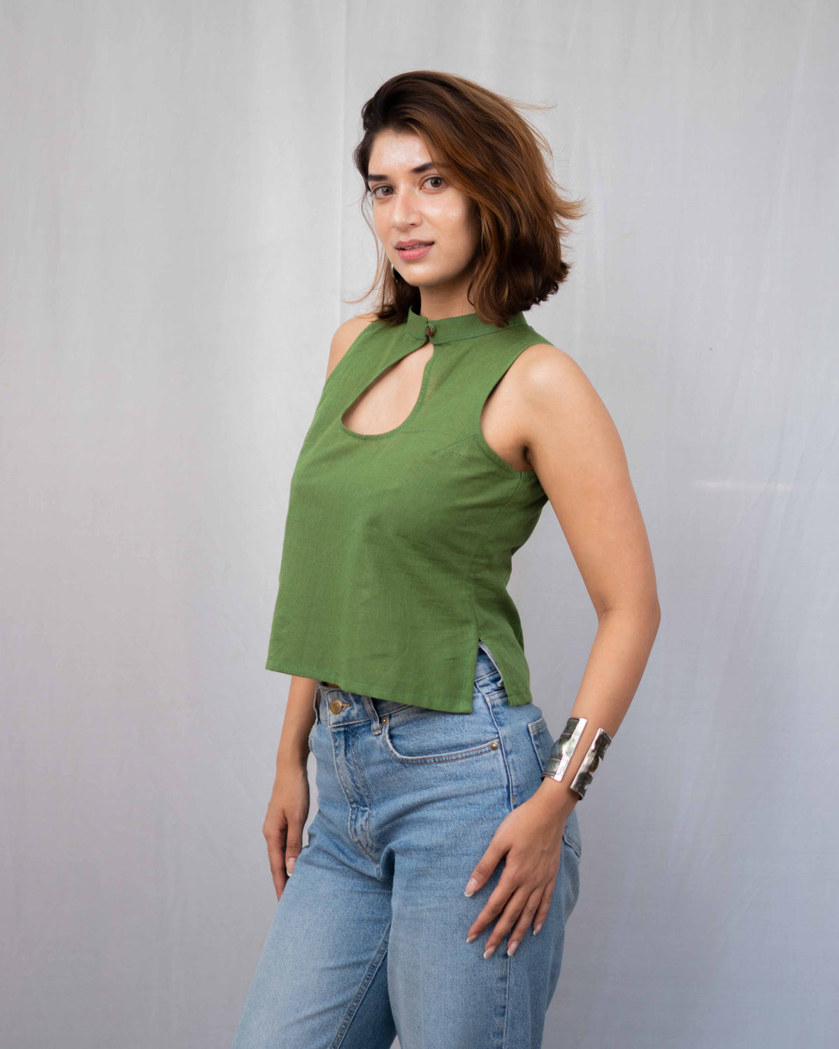 Olive Green Cotton High-Neck Keyhole Crop Top - Sleeveless Ethnic Tunic