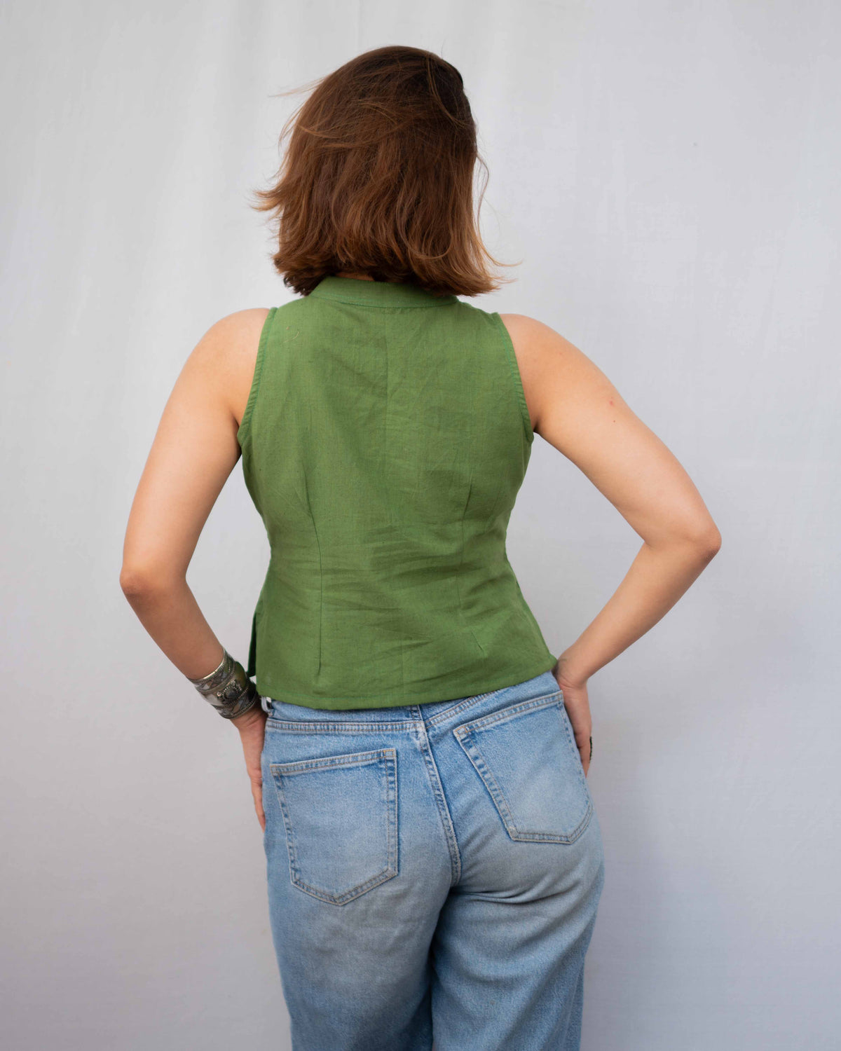 Olive Green Cotton High-Neck Keyhole Crop Top - Sleeveless Ethnic Tunic