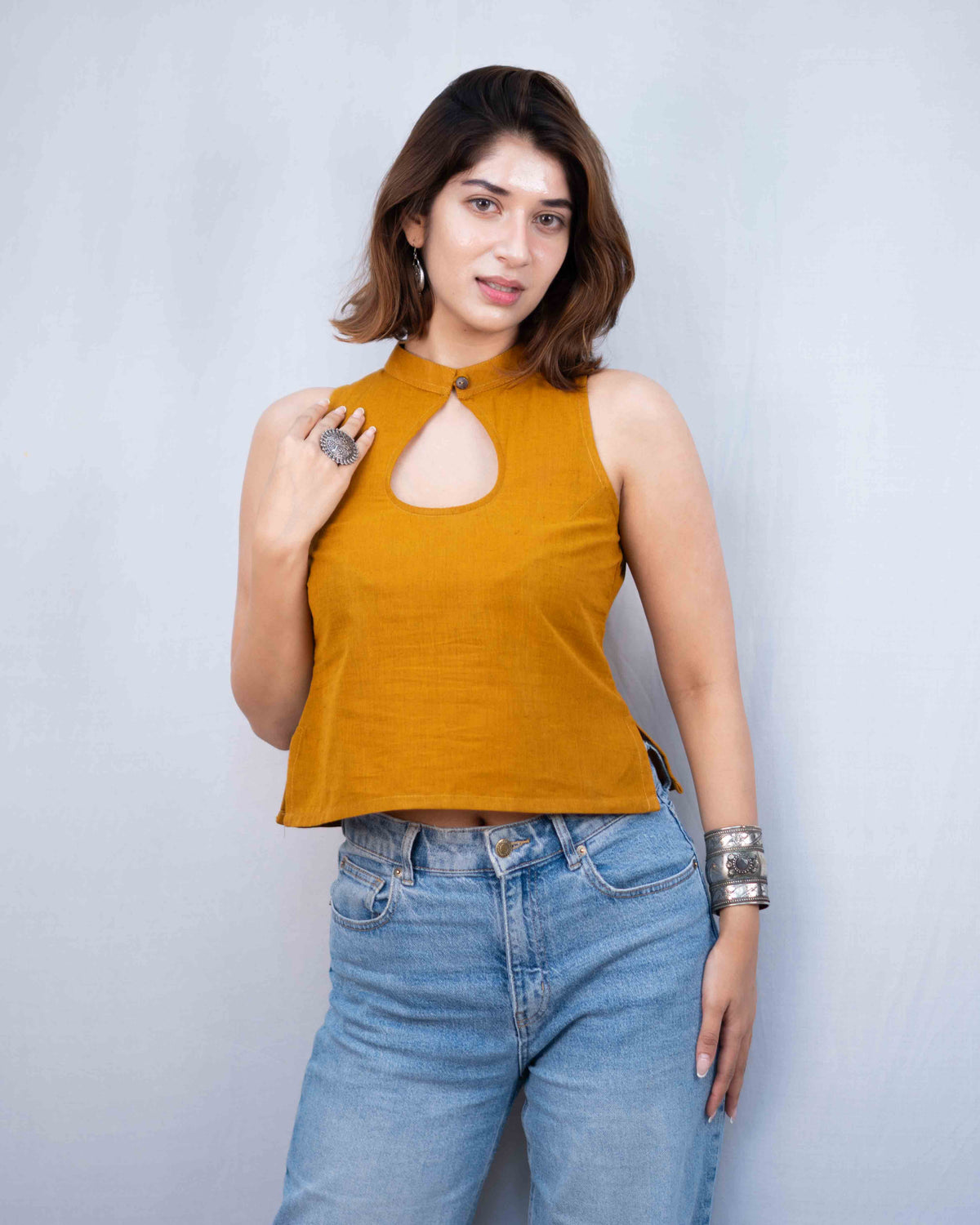 Mustard Yellow Cotton High-Neck Keyhole Crop Top - Sleeveless Ethnic Tunic