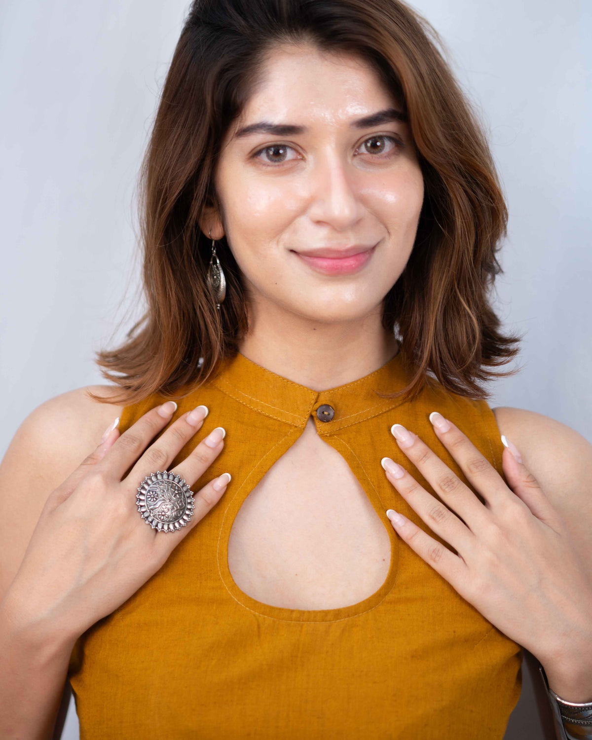 Mustard Yellow Cotton High-Neck Keyhole Crop Top - Sleeveless Ethnic Tunic