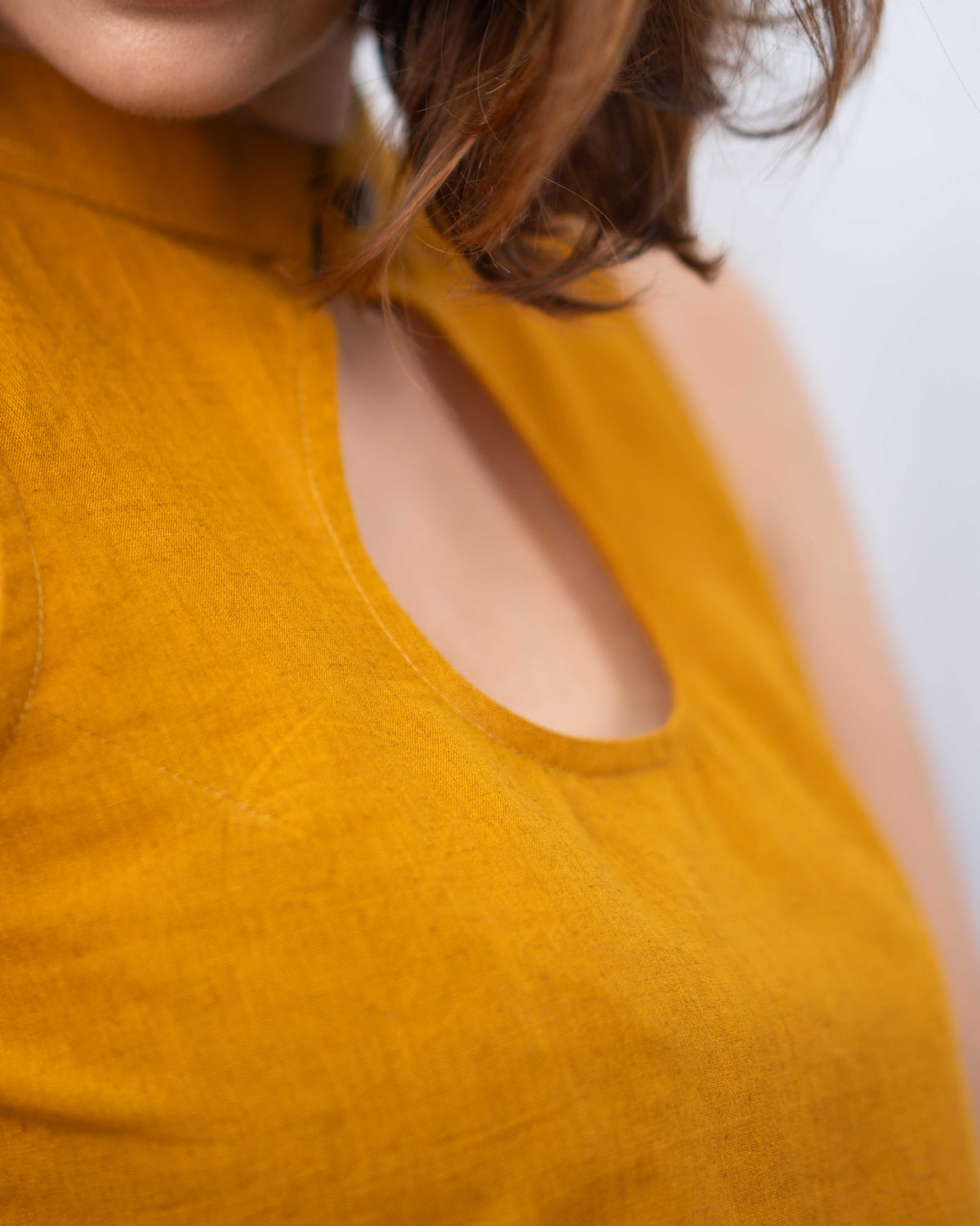 Mustard Yellow Cotton High-Neck Keyhole Crop Top - Sleeveless Ethnic Tunic