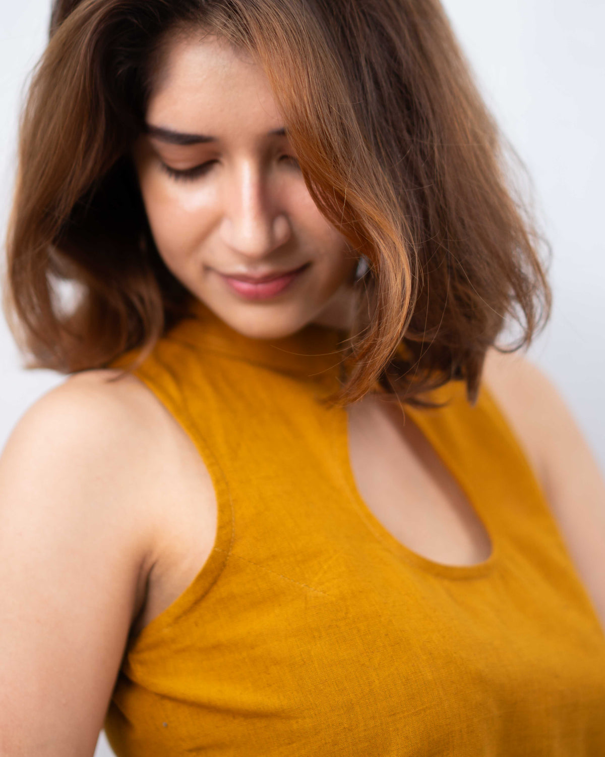 Mustard Yellow Cotton High-Neck Keyhole Crop Top - Sleeveless Ethnic Tunic