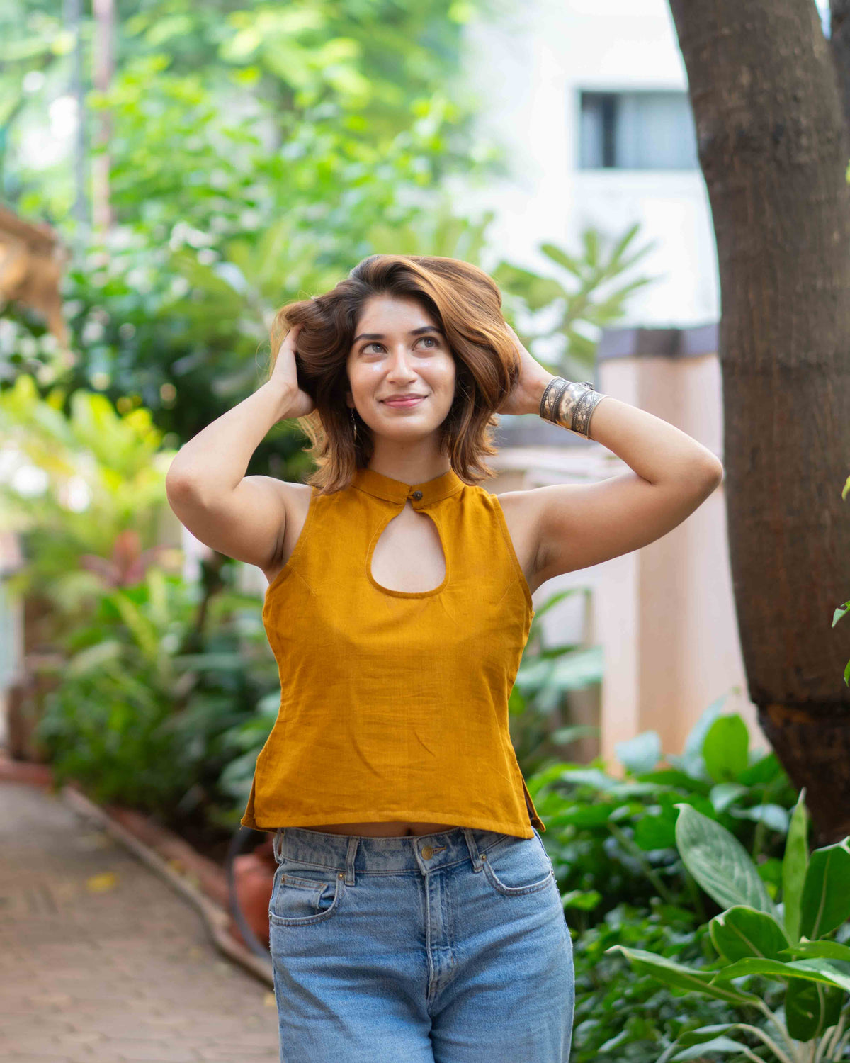 Mustard Yellow Cotton High-Neck Keyhole Crop Top - Sleeveless Ethnic Tunic