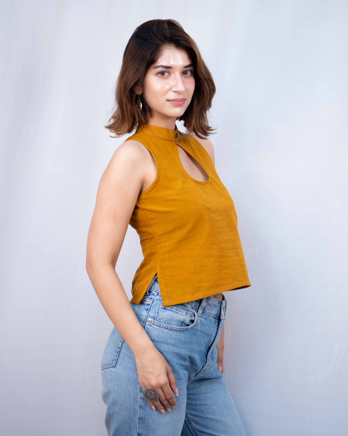 Mustard Yellow Cotton High-Neck Keyhole Crop Top - Sleeveless Ethnic Tunic