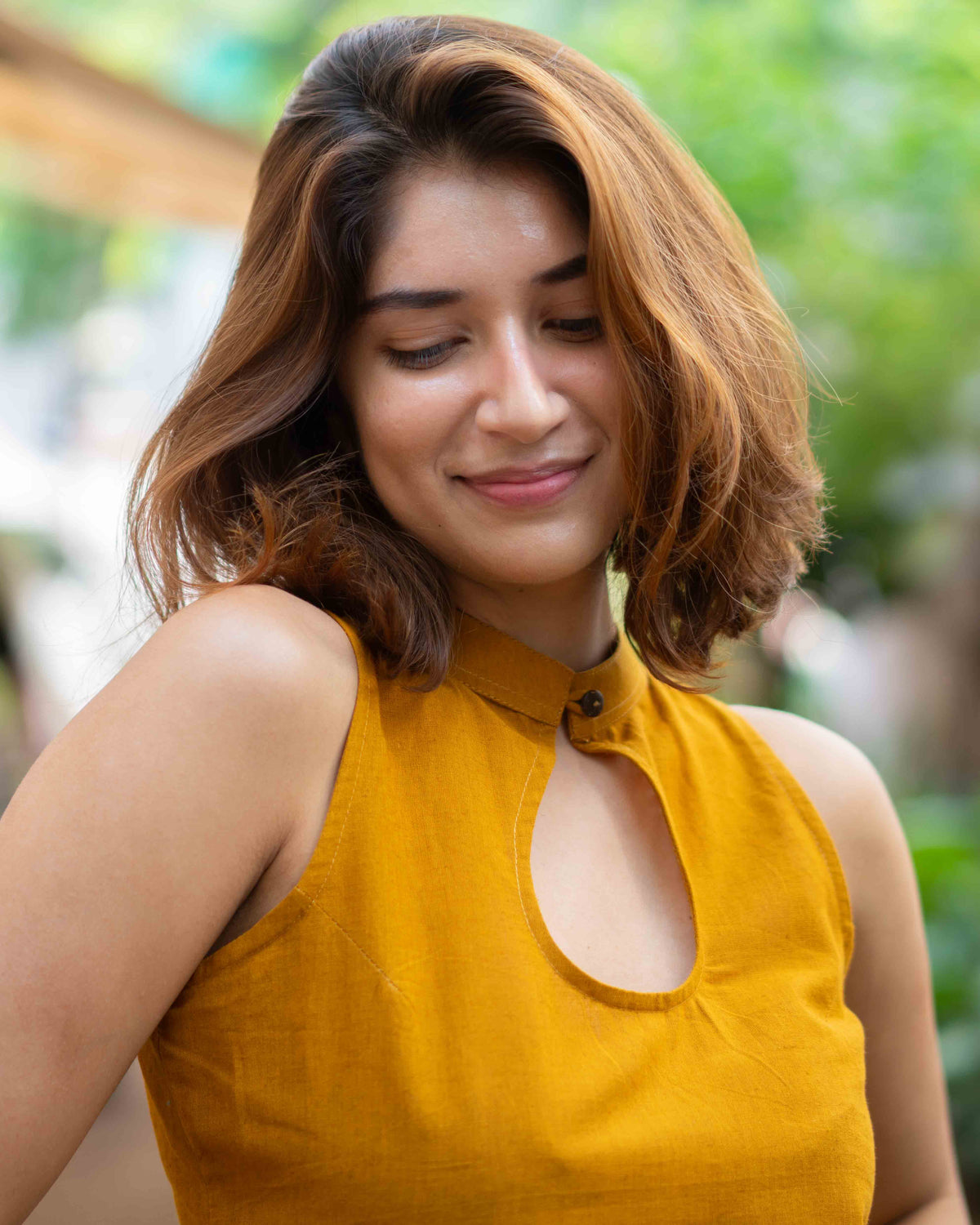 Mustard Yellow Cotton High-Neck Keyhole Crop Top - Sleeveless Ethnic Tunic