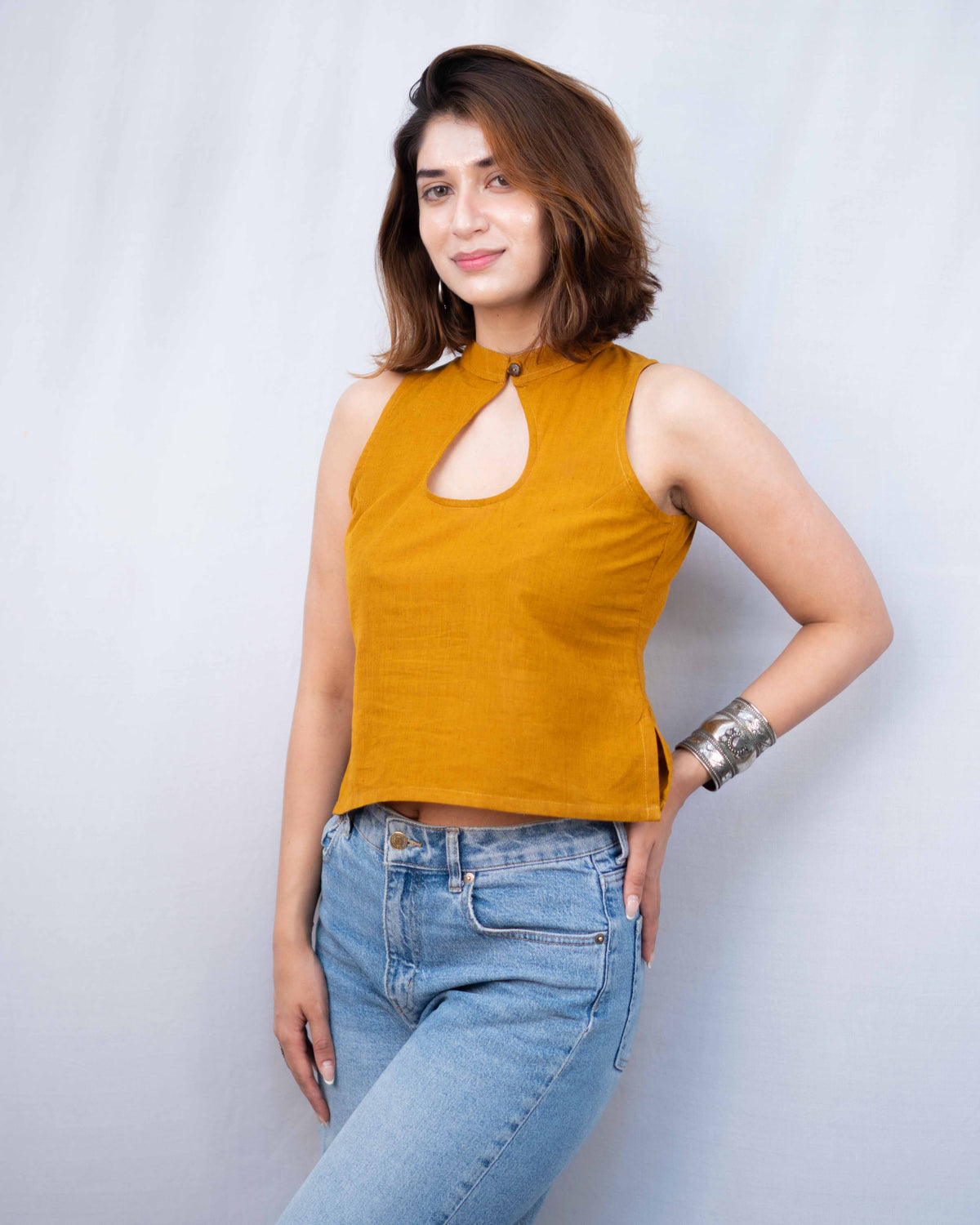 Mustard Yellow Cotton High-Neck Keyhole Crop Top - Sleeveless Ethnic Tunic