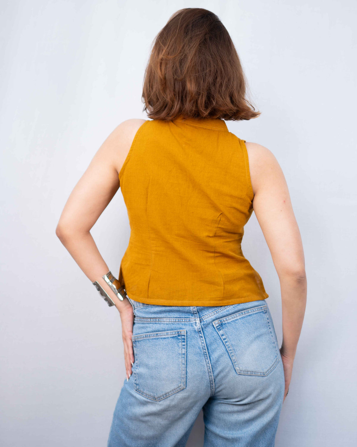 Mustard Yellow Cotton High-Neck Keyhole Crop Top - Sleeveless Ethnic Tunic