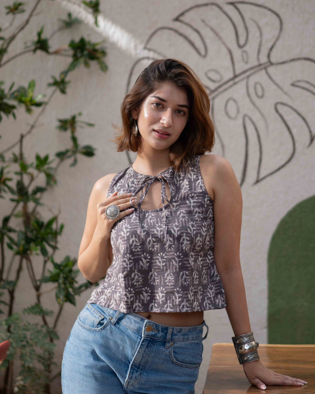 Grey Block Print Front Tie-Up Keyhole Cotton Crop Top - Sleeveless Ethnic Tunic