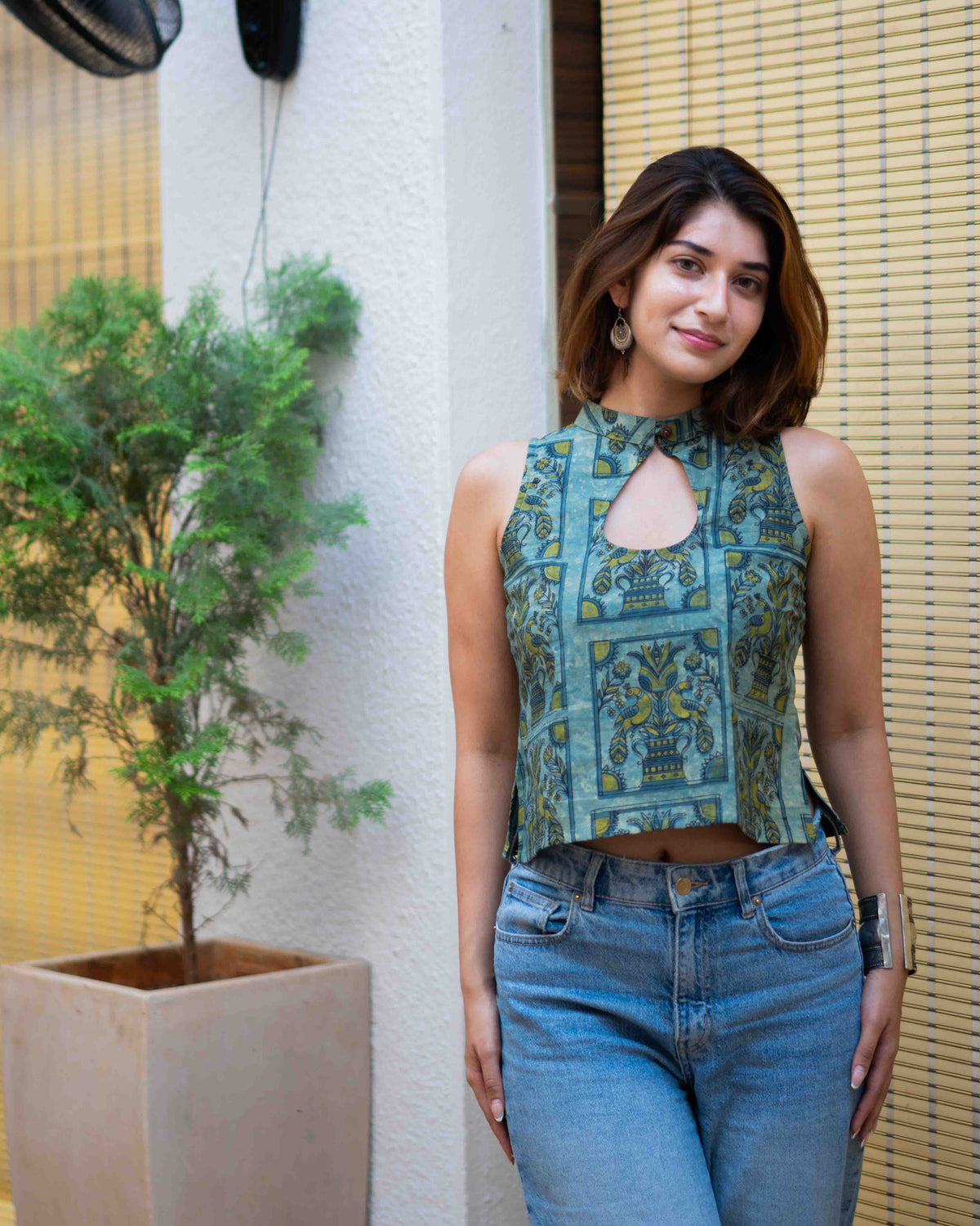 Peacock Pichwai Blue-Green Cotton Keyhole Top - Sleeveless Ethnic Crop Tunic