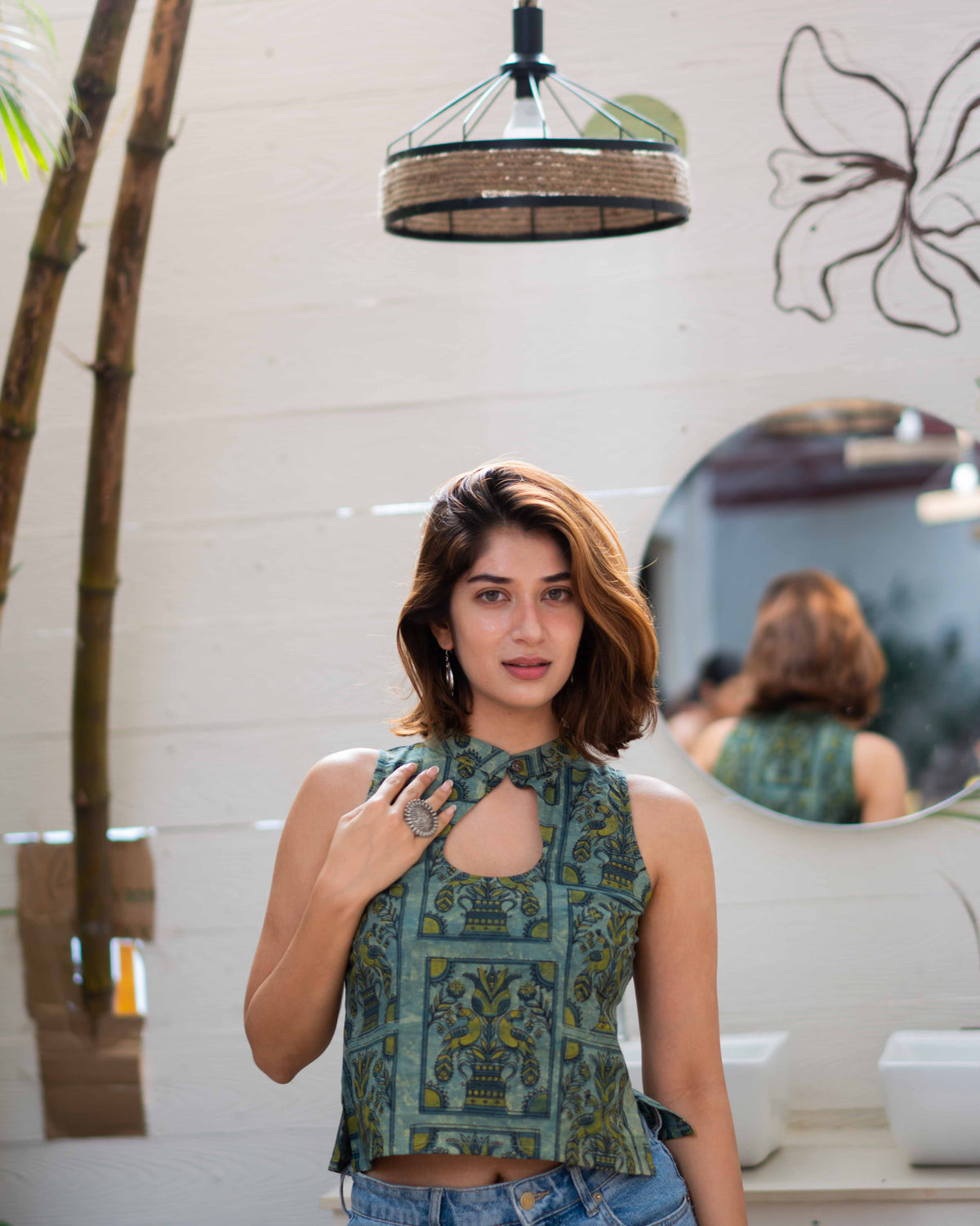 Peacock Pichwai Blue-Green Cotton Keyhole Top - Sleeveless Ethnic Crop Tunic