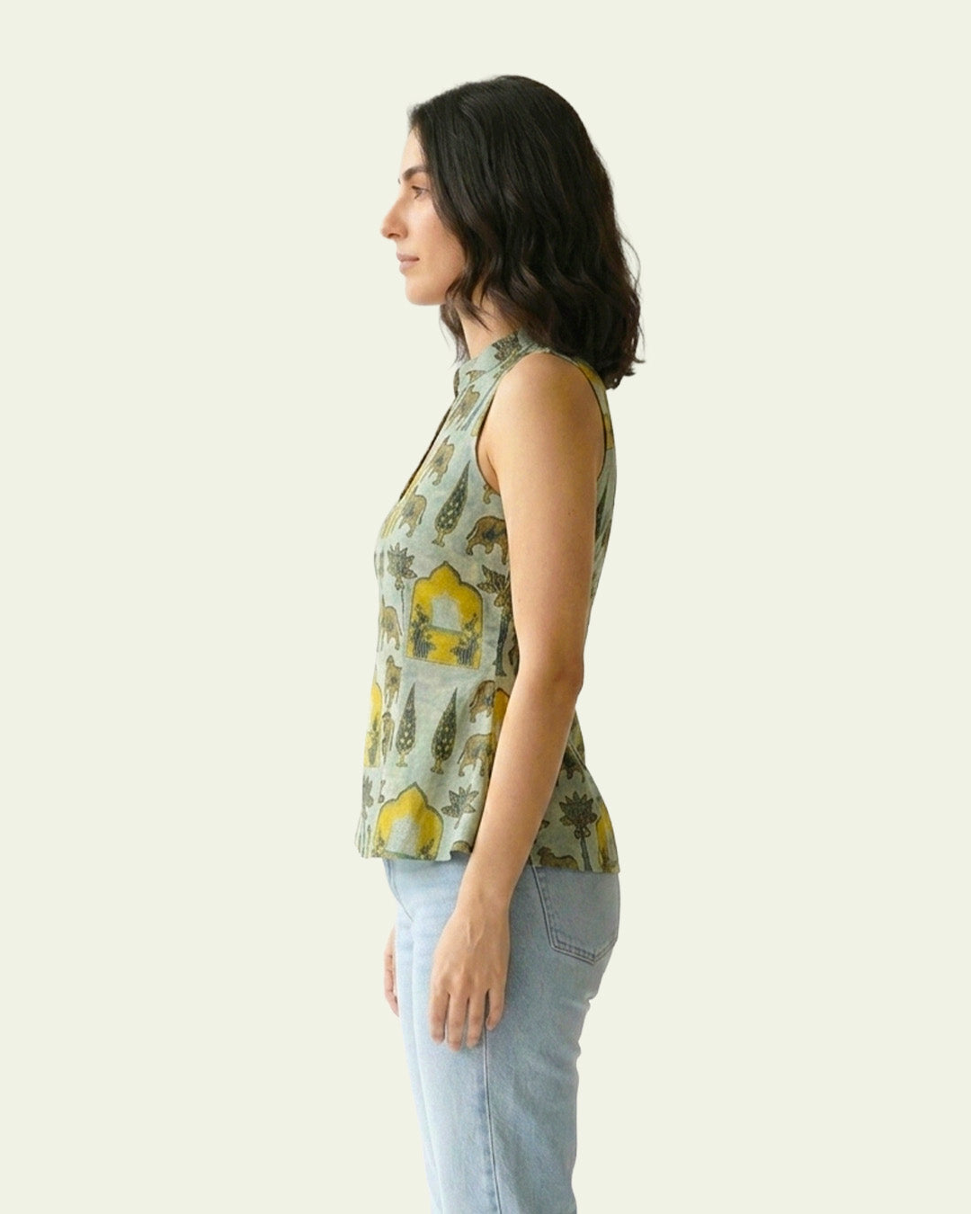 Sage Green Cotton Keyhole Top - Sacred Grove Pichwai Tunic