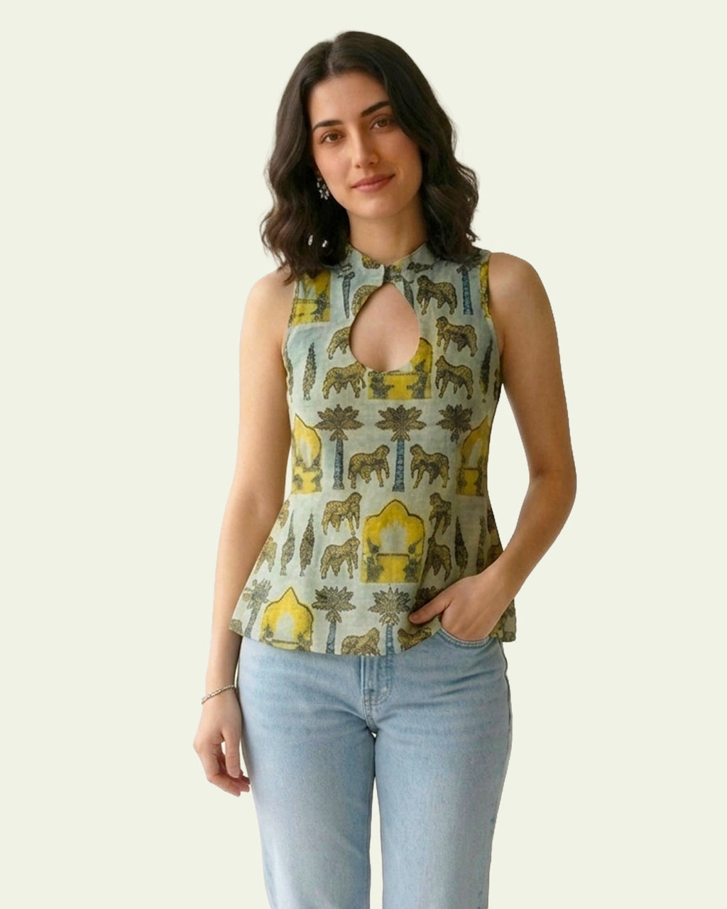 Sage Green Cotton Keyhole Top - Sacred Grove Pichwai Tunic