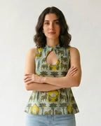 Sage Green Cotton Keyhole Top - Sacred Grove Pichwai Tunic