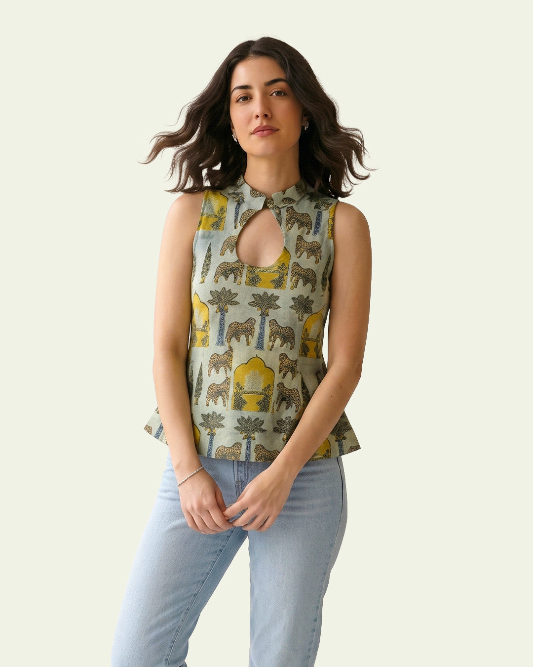 Sage Green Cotton Keyhole Top - Sacred Grove Pichwai Tunic