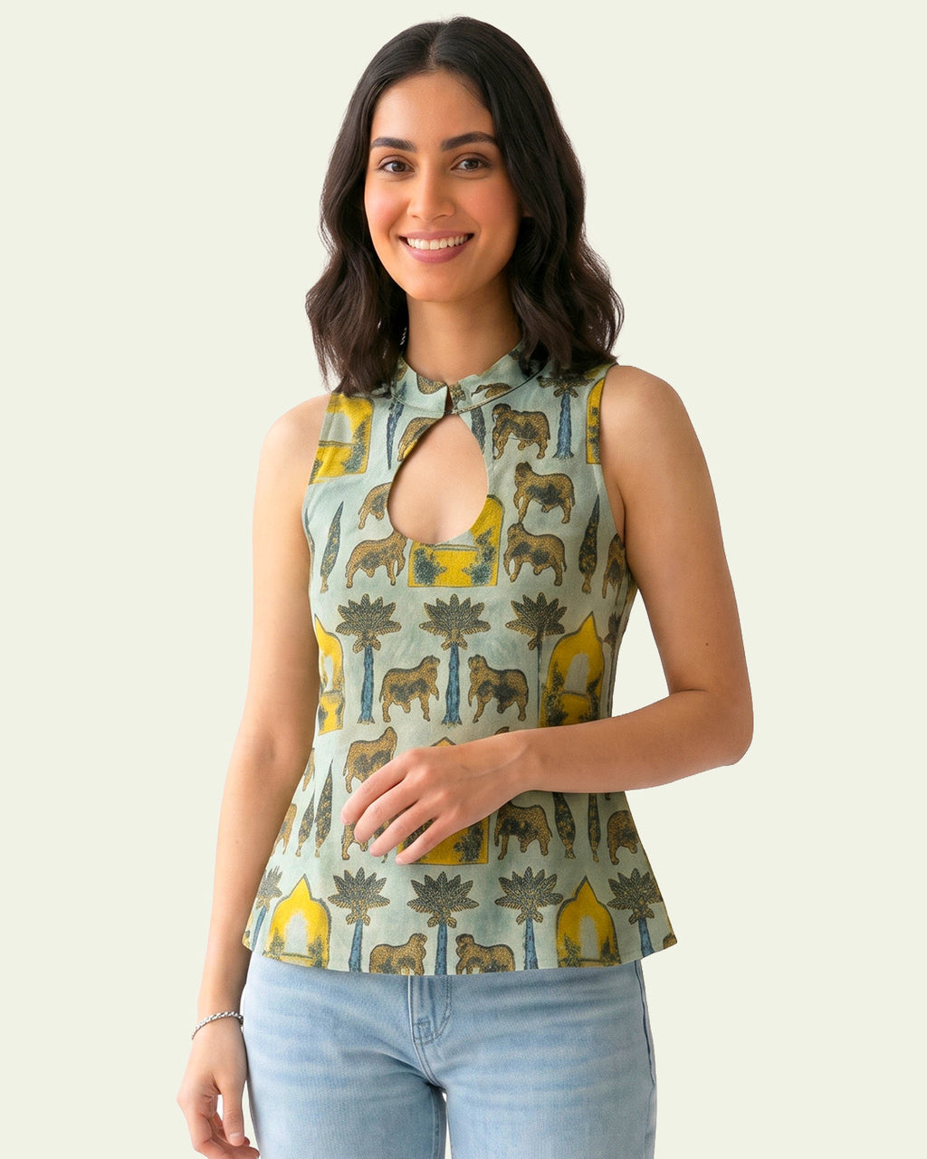 Sage Green Cotton Keyhole Top - Sacred Grove Pichwai Tunic