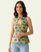 Sage Green Cotton Keyhole Top - Sacred Grove Pichwai Tunic