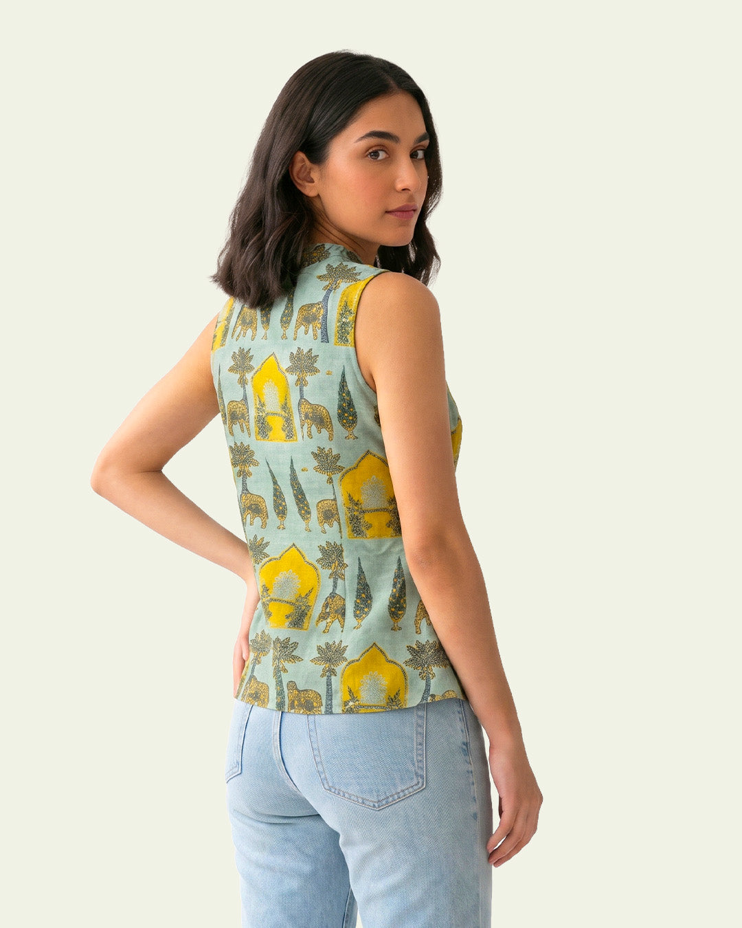 Sage Green Cotton Keyhole Top - Sacred Grove Pichwai Tunic