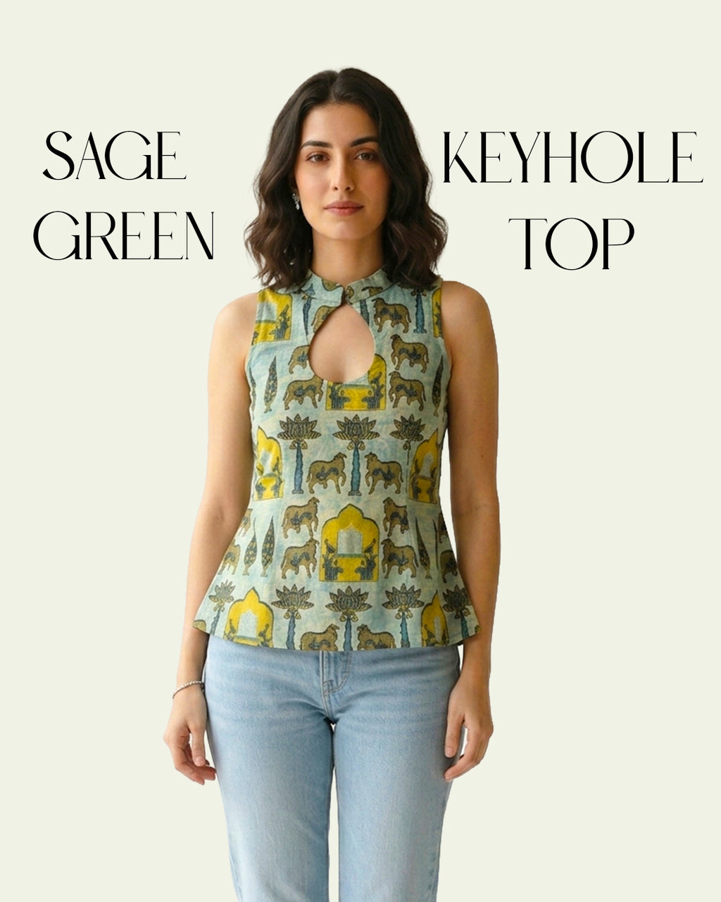 Sage Green Cotton Keyhole Top - Sacred Grove Pichwai Tunic