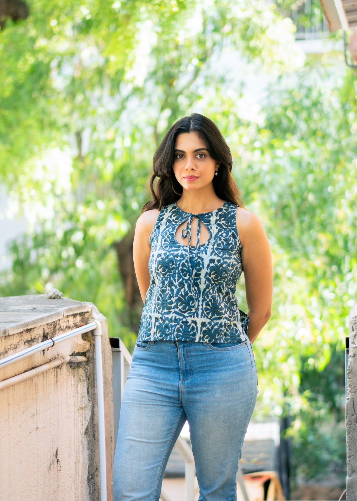 Teal Blue Cotton Keyhole Tie-Neck Top - Vanaspati Block Print Tunic