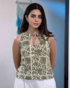 Sage Green Cotton Keyhole Top - Olive Vanaspati Sleeveless Tunic