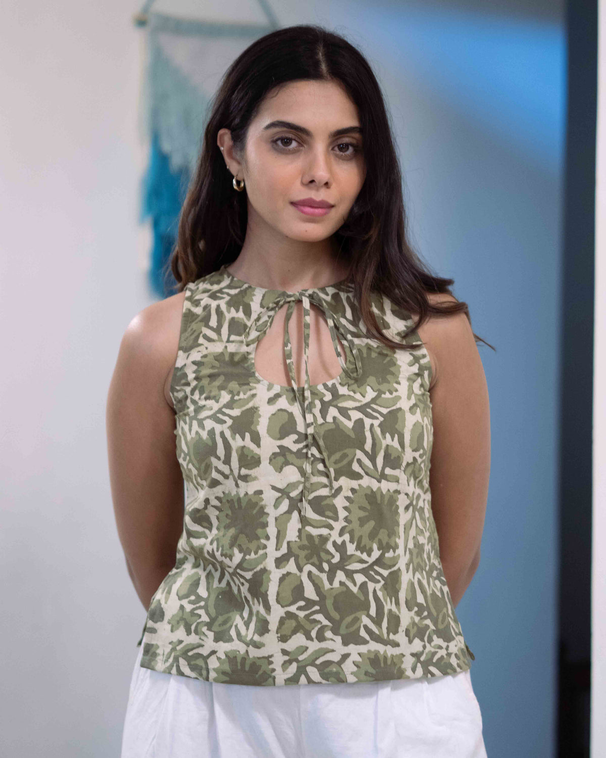 Sage Green Cotton Keyhole Top - Olive Vanaspati Sleeveless Tunic