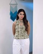 Sage Green Cotton Keyhole Top - Olive Vanaspati Sleeveless Tunic
