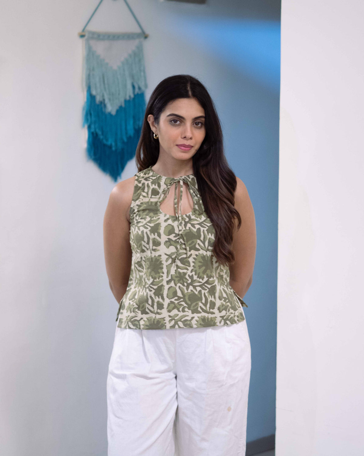 Sage Green Cotton Keyhole Top - Olive Vanaspati Sleeveless Tunic