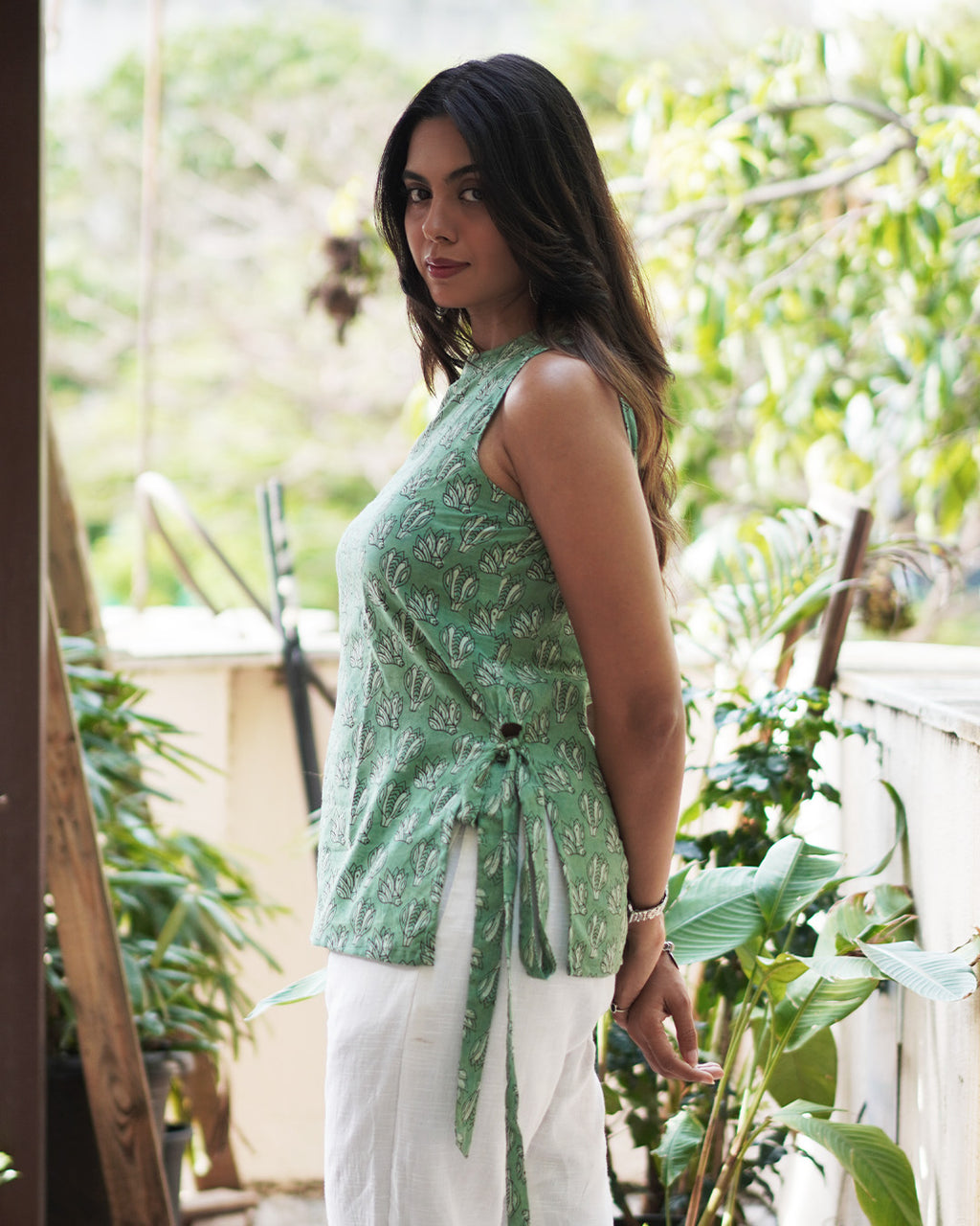 The Poshakh Sage Petal Side-Tie Top