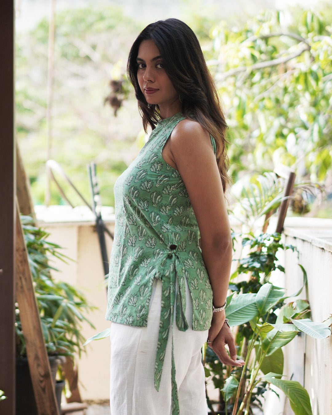 The Poshakh Sage Petal Side-Tie Top