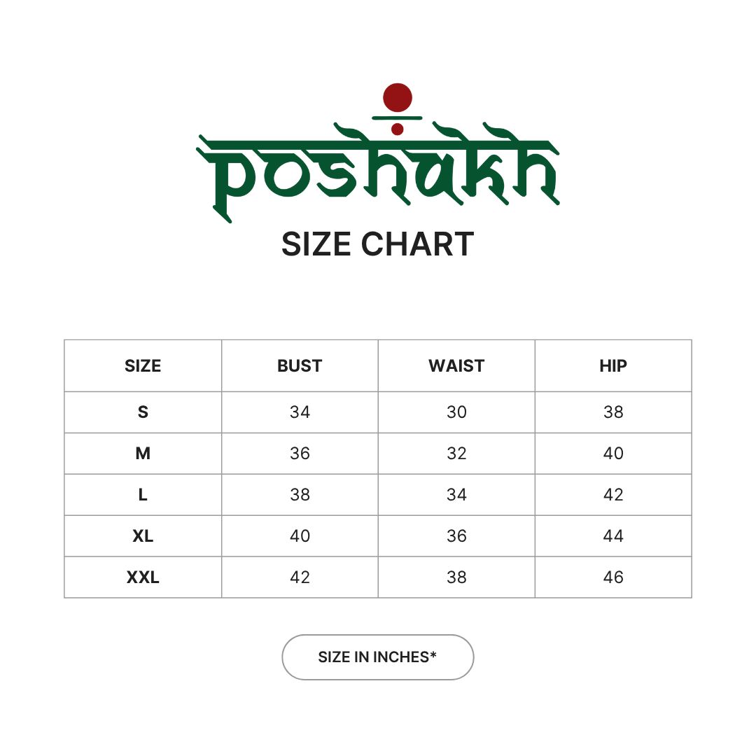 Size chart for clothing with Poshakh logo at the top
