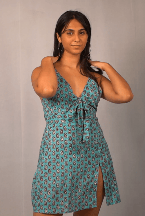 Aqua Paisley Mini Dress - Poshakh fabrics