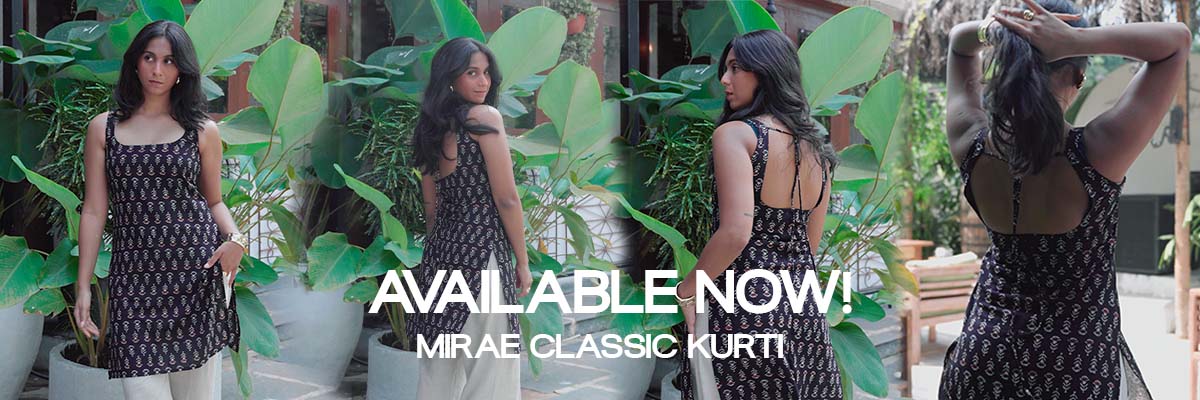 Woman modeling a black and white patterned kurti with text 'Available Now! Mirae Classic Kurti' against a green outdoor background.