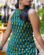 Emerald Bloom Mandarin Halter Kurti - Poshakh fabrics