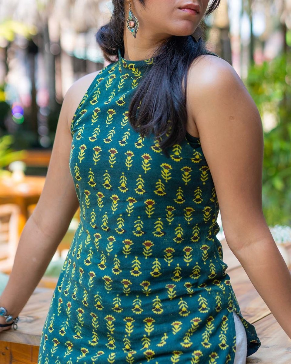 Emerald Bloom Mandarin Halter Kurti - Poshakh fabrics