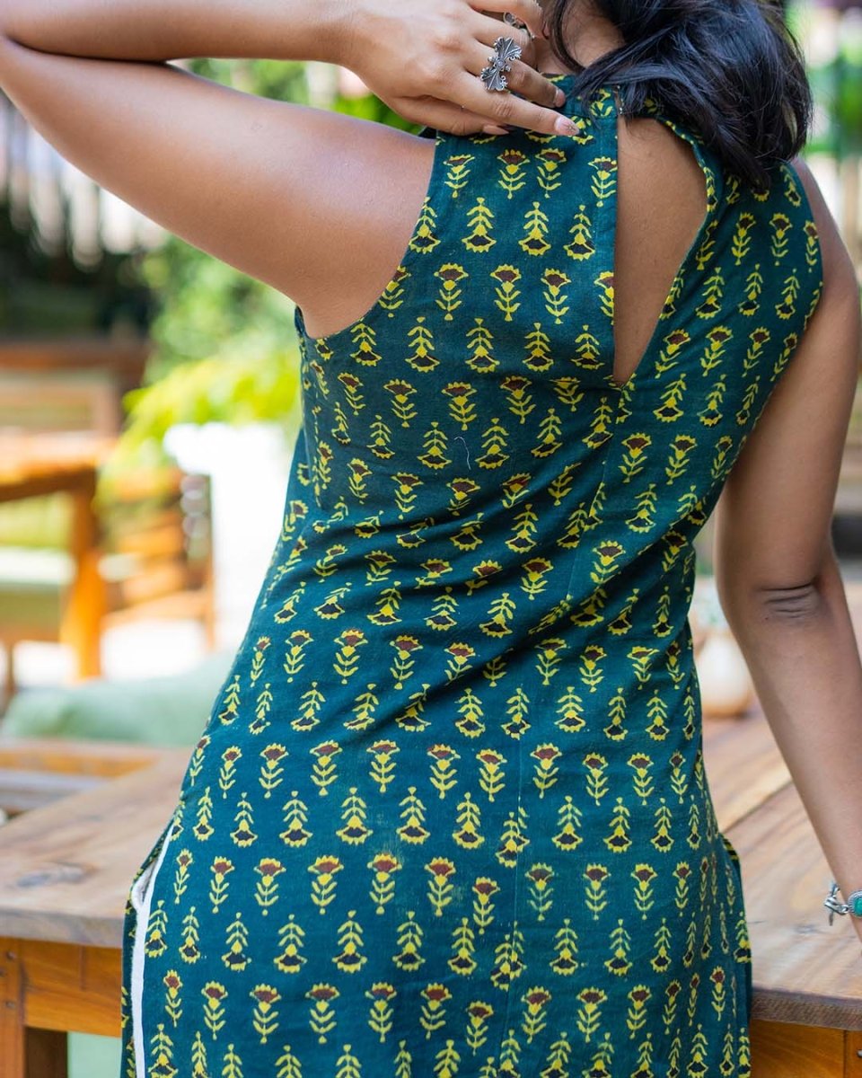 Emerald Bloom Mandarin Halter Kurti - Poshakh fabrics