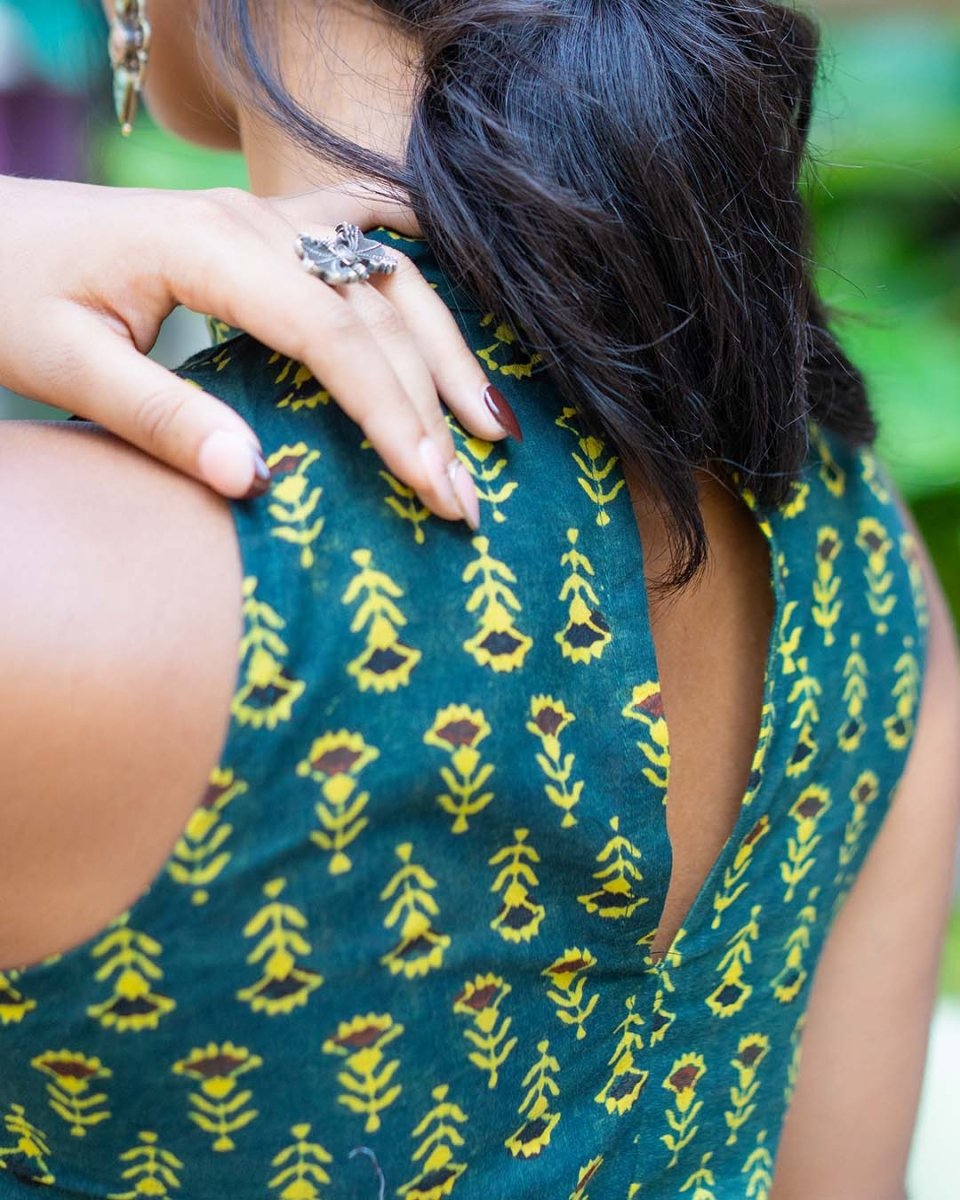 Emerald Bloom Mandarin Halter Kurti - Poshakh fabrics