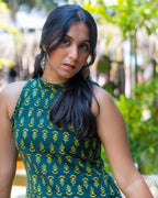 Emerald Bloom Mandarin Halter Kurti - Poshakh fabrics