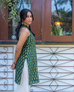 Emerald Bloom Mandarin Halter Kurti - Poshakh fabrics
