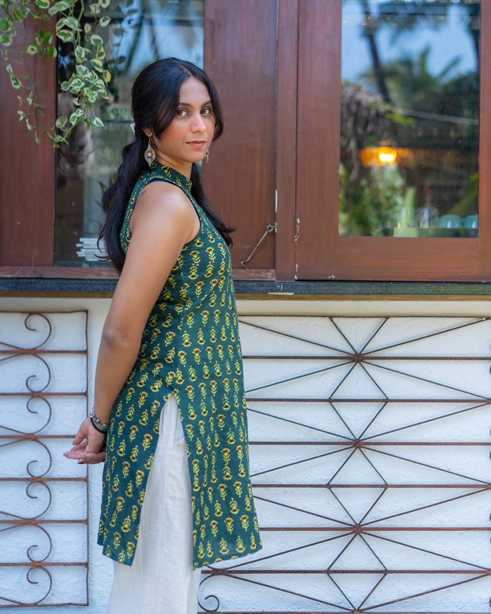 Emerald Bloom Mandarin Halter Kurti - Poshakh fabrics