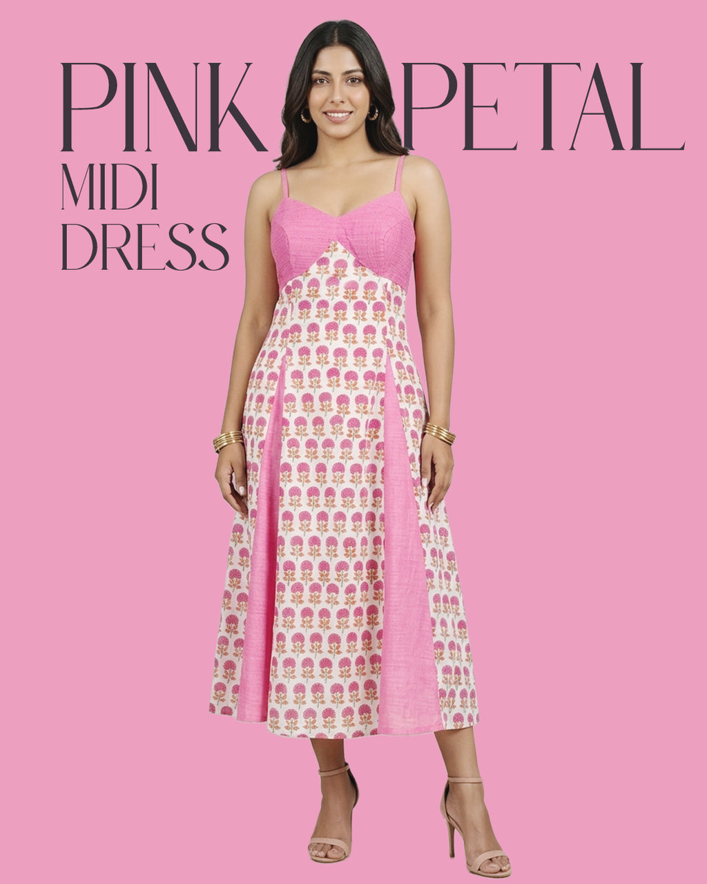 Woman wearing a pink and white patterned dress on a pink background with 'Pink Petal' branding.