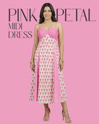 Woman wearing a pink and white patterned dress on a pink background with 'Pink Petal' branding.
